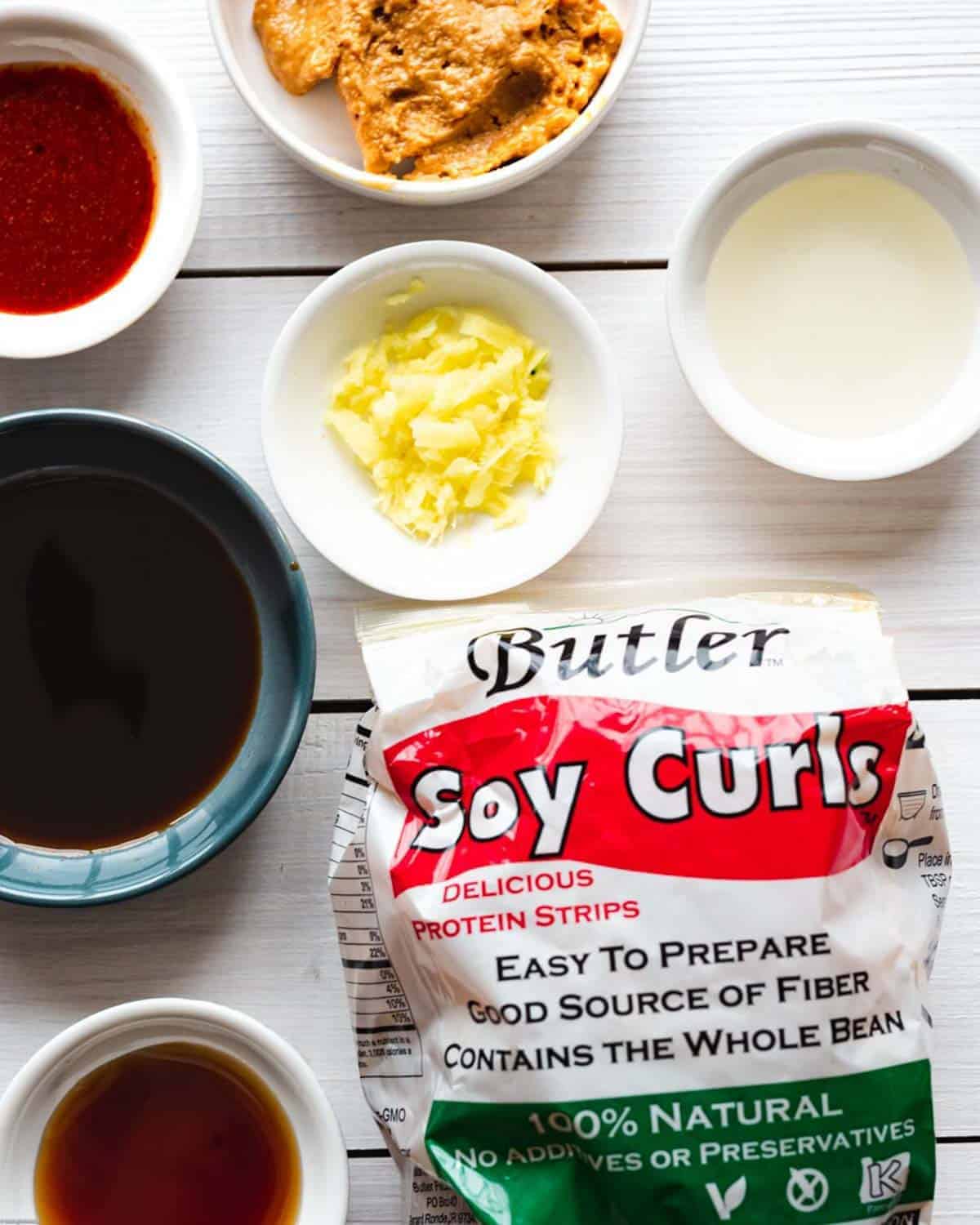 Butler soy curls, peanut butter, ginger, tamari, rice vinegar, hot sauce, maple syrup.