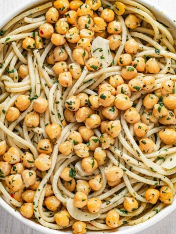 Garlic spaghetti, crispy chickpeas and fresh herbs.