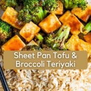 Crispy tofu cubes, broccoli florets, and brown rice in a brown teriyaki sauce.