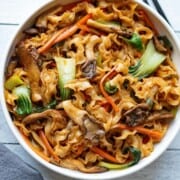 Guanmiao noodles, mushrooms, baby bok choy, carrots, green onions, and an Asian-inspired sauce. Mixed in a bowl for serving.