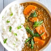Lentil & veggie curry with sweet potato, and baby spinach.