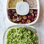 Orzo pasta salad with kale, grapes, sunflower seeds, hemp hearts, and lemony dressing in a bento lunchbox in separate containers.