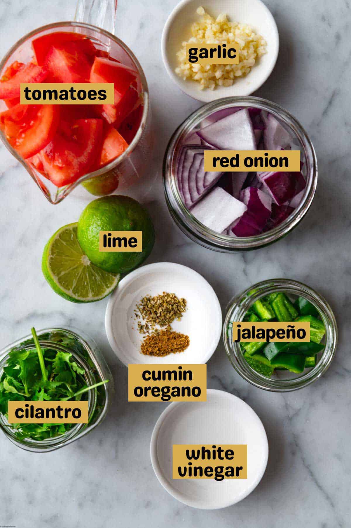 Chopped tomatoes, red onion, and cilantro in separate glass jars, with white vinegar, cumin and oregano, and minced garlic in white bowls, and one sliced lime.