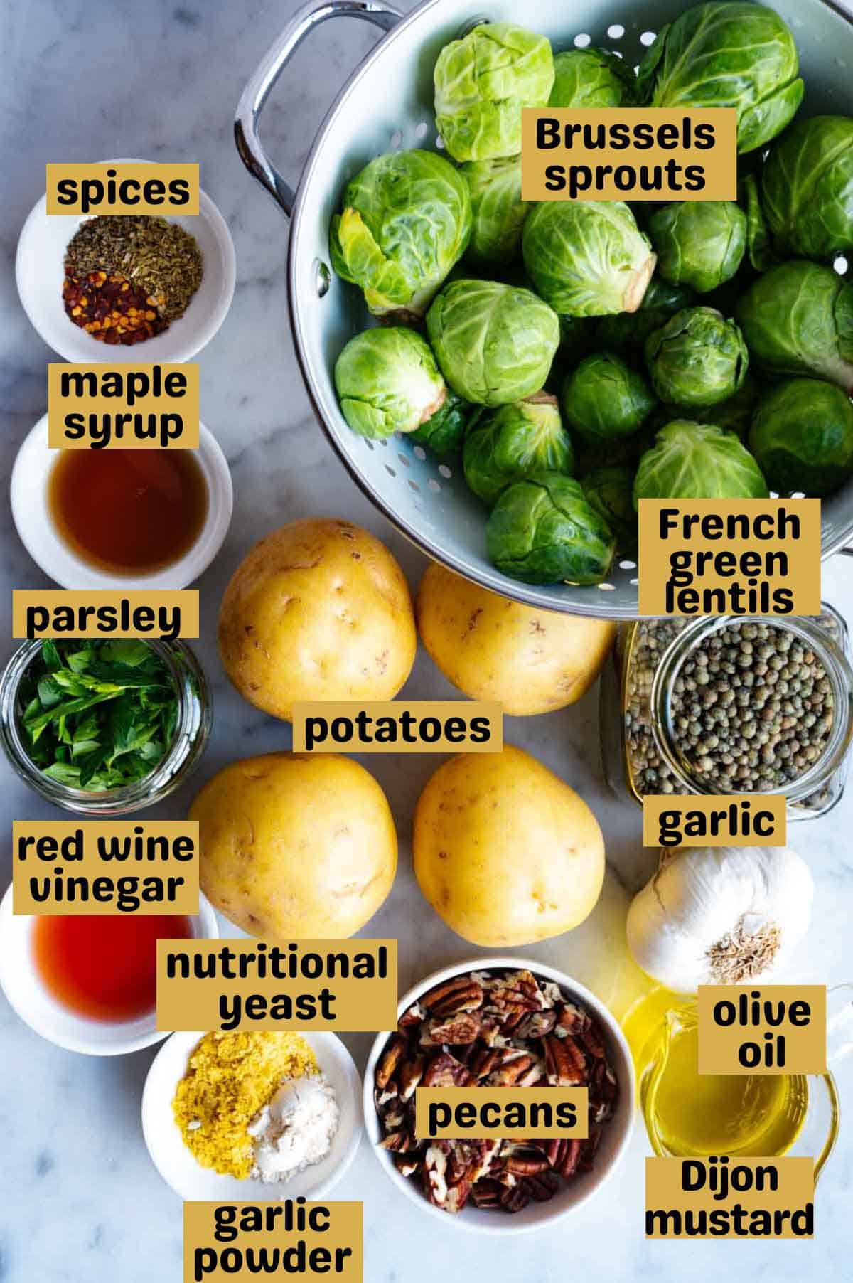 Brussels sprouts, dried herbs and spices, chopped pecans, garlic powder, nutritional yeast, maple syrup, red wine vinegar, four potatoes, chopped parsley, and French lentils on a white marble board.