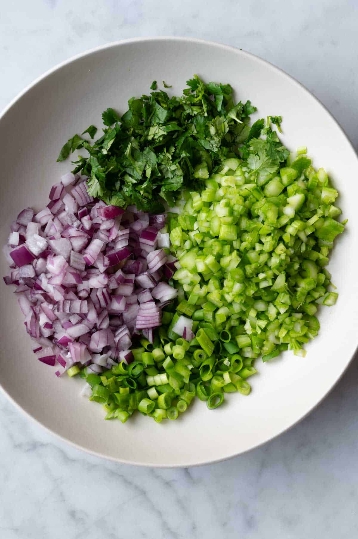 Chopped red onion, celery, green onion, and cilantro in a large white bowl.