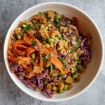 Baked tempeh cubes, shredded red cabbage, ribbon carrots, edamame, chopped green onion, quinoa, chopped mint, and peanut dressing in a white bowl.