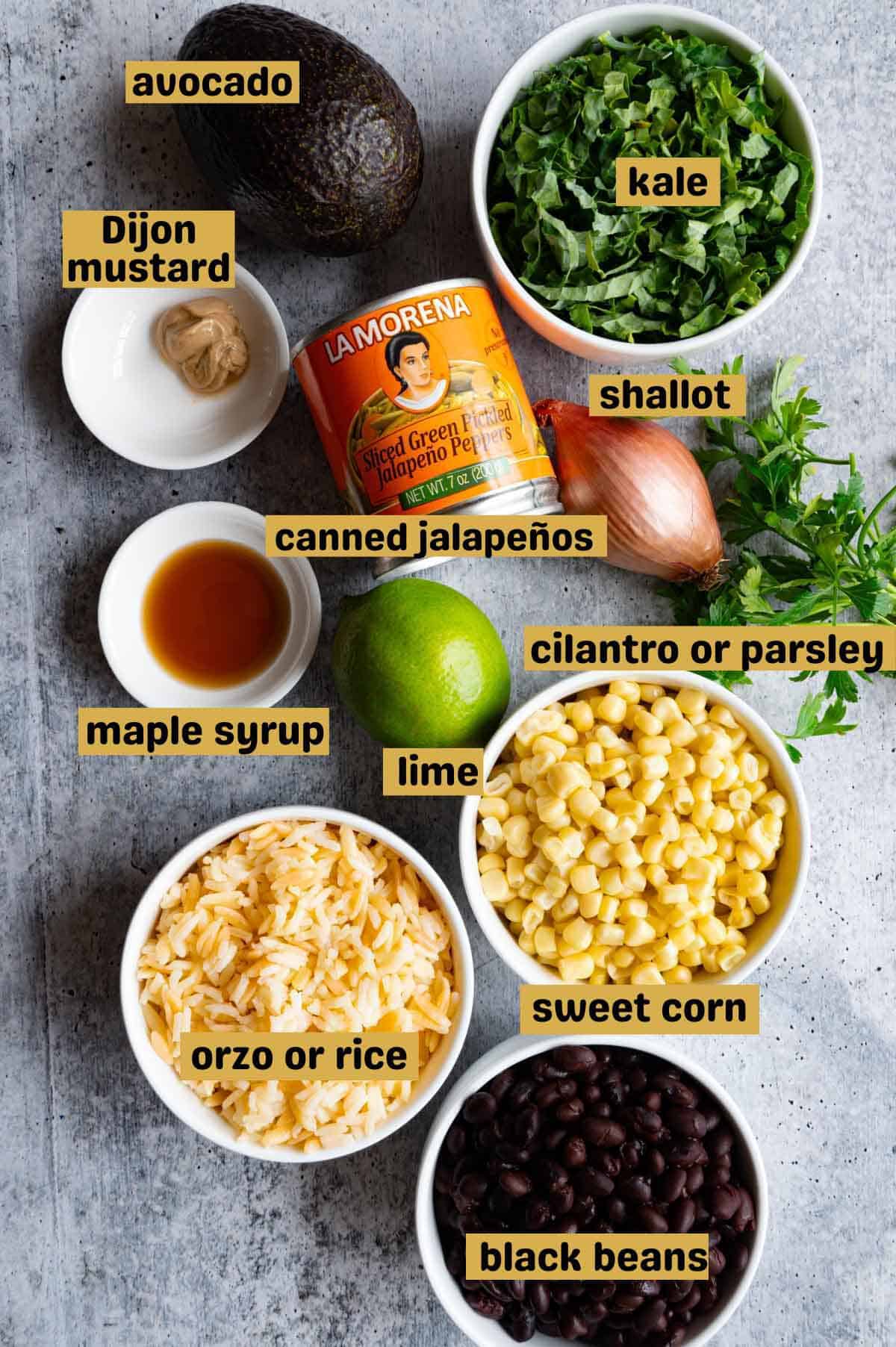 Avocado, chopped kale, canned jalapeños, Dijon, shallot, cilantro, maple syrup, lime, orzo rice, sweet corn, and black beans.