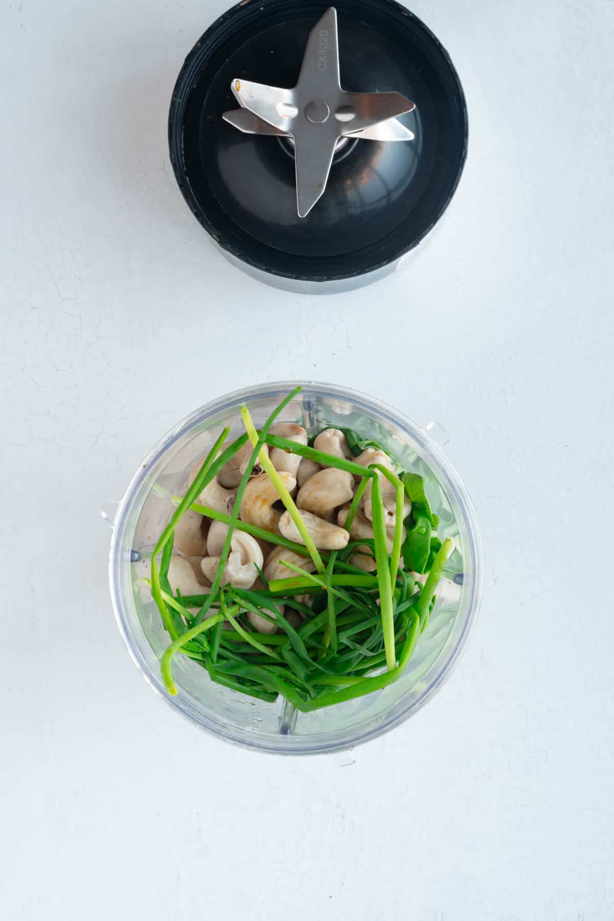 Chives, raw cashews, basil, cilantro, and lemon juice in the canister of a blender.