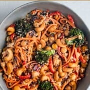 Roasted vegetable salad with chickpeas, broccoli, and quinoa.