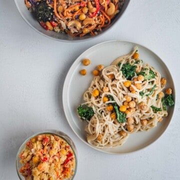 Simple Chickpea Recipes - Chickpea mash, Pasta with Tahini, and Roasted Salad with Chickpeas.