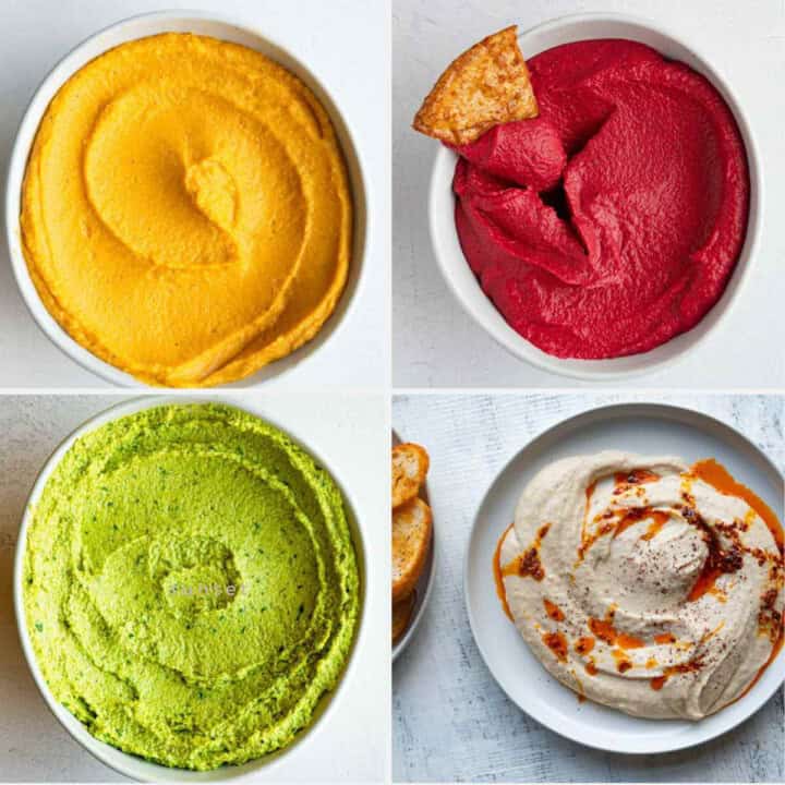 Four colorful antioxidant-rich vegan dips in white bowls.