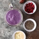 Blueberry chia smoothie with hemp hearts, chia seeds, barberries, and a date.