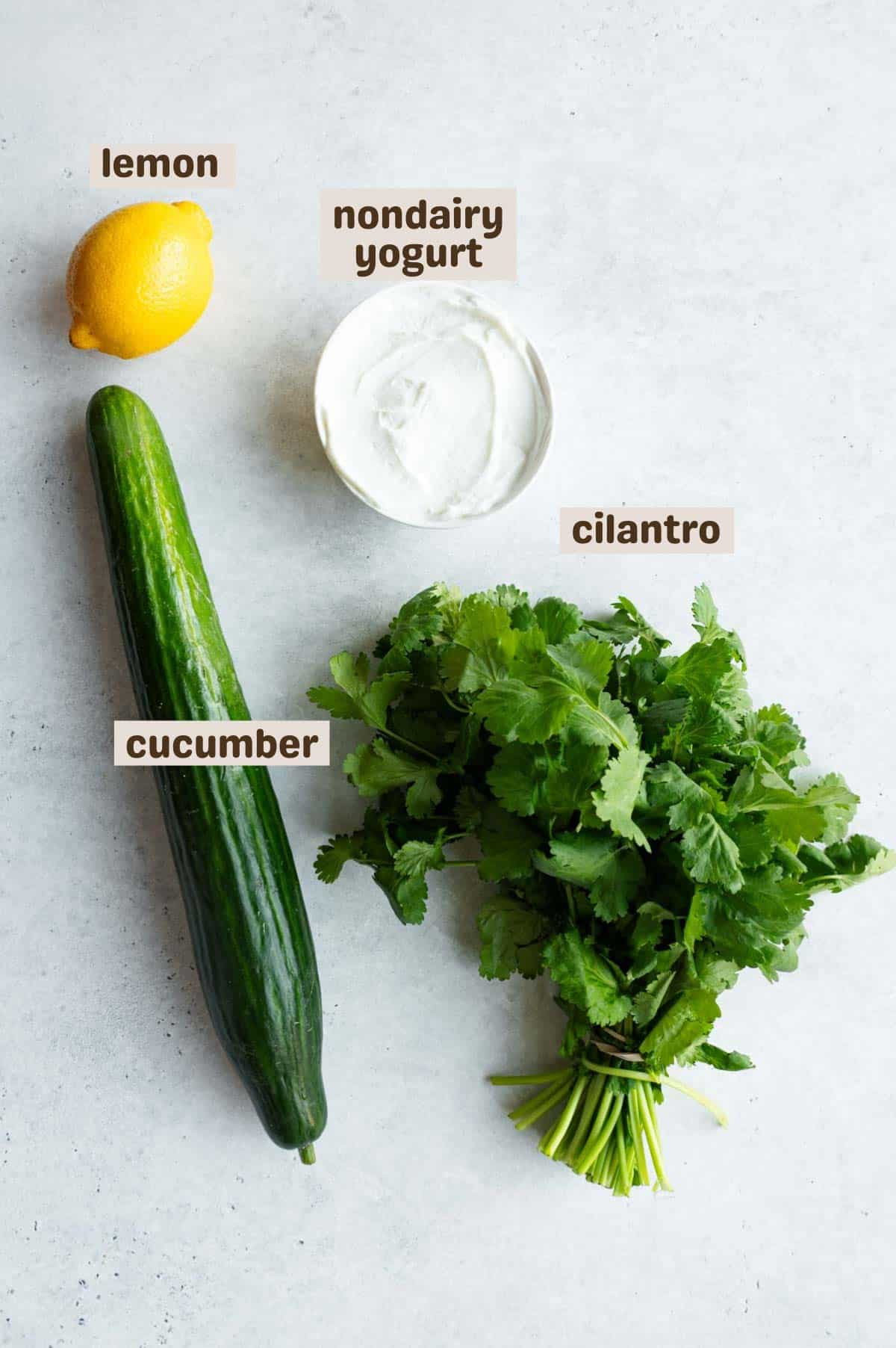 Raita ingredients: Lemon, yogurt, cilantro and cucumber.