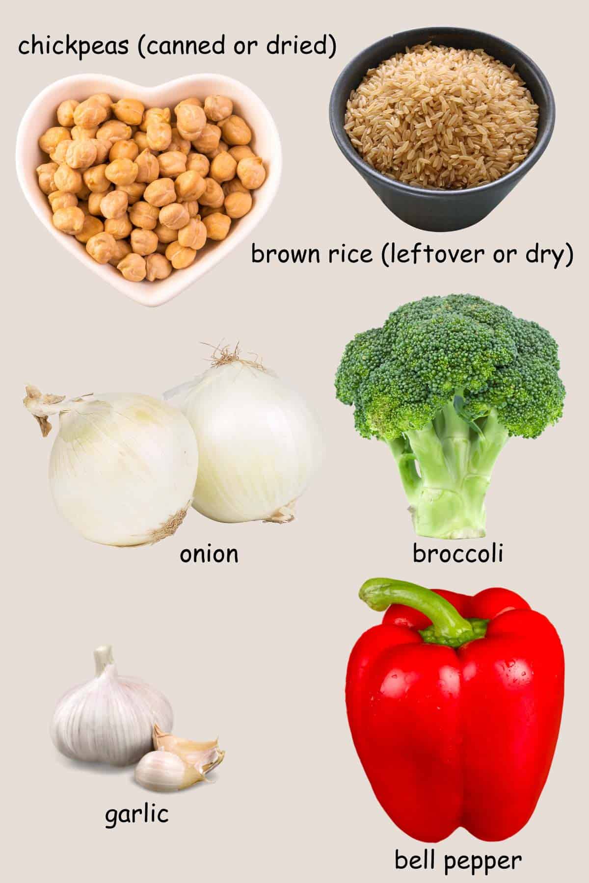 Chickpeas, brown rice, broccoli, garlic, onion, and red bell pepper.