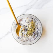 High-protein chia breakfast pudding with Greek-style yogurt and seeds with dairy-free option.