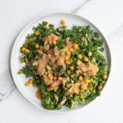 Kale orzo pasta salad with protein-rich chickpeas and edamame and a low calorie dressing on a white plate.