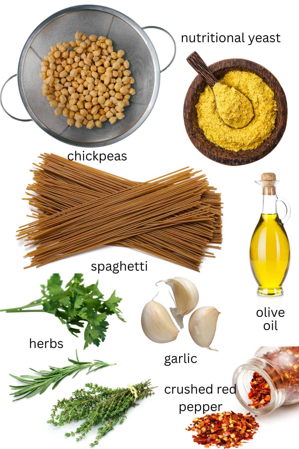 Chickpeas, oregano, thyme, parsley, red chili flakes, garlic cloves, olive oil, and whole wheat pasta.