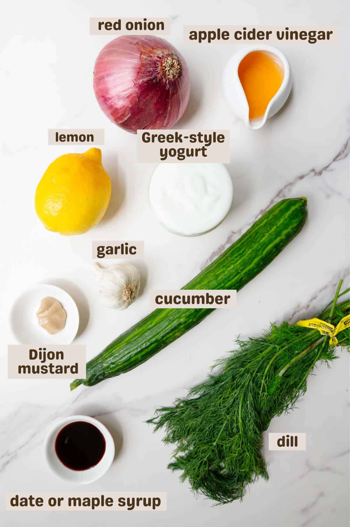 Cucumber, dill, vegan yogurt, apple cider vinegar, lemon, garlic, date syrup, and Dijon mustard