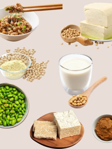 Tofu, tempeh, soy milk, edamame, miso, soy isolate, natto, and soy beans.