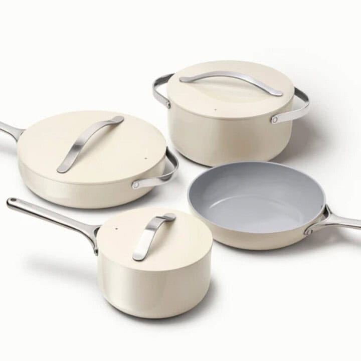 Caraway set of cream ceramic nontoxic pans.
