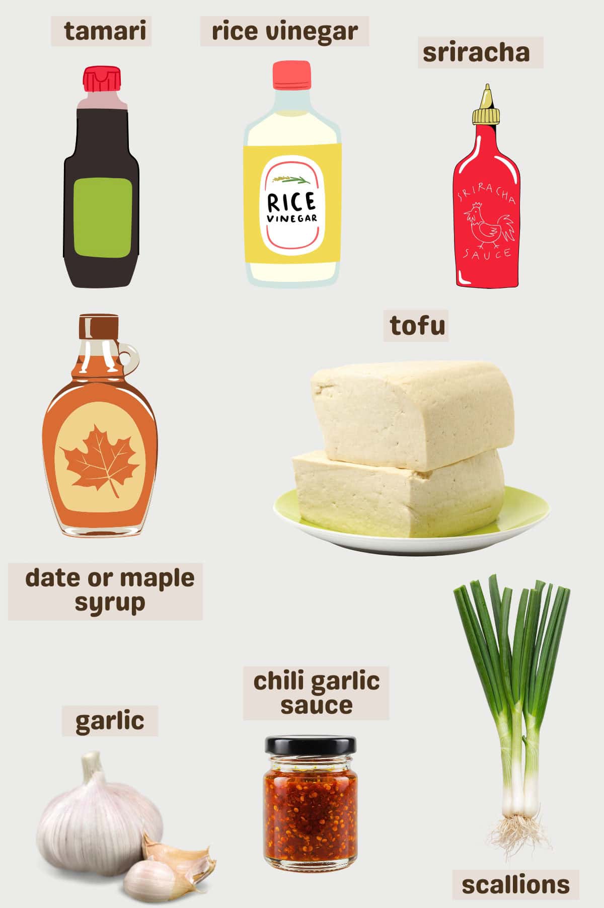 Tamari, rice vinegar, sriracha, maple syrup, tofu, garlic, scallions, and garlic chili sauce.