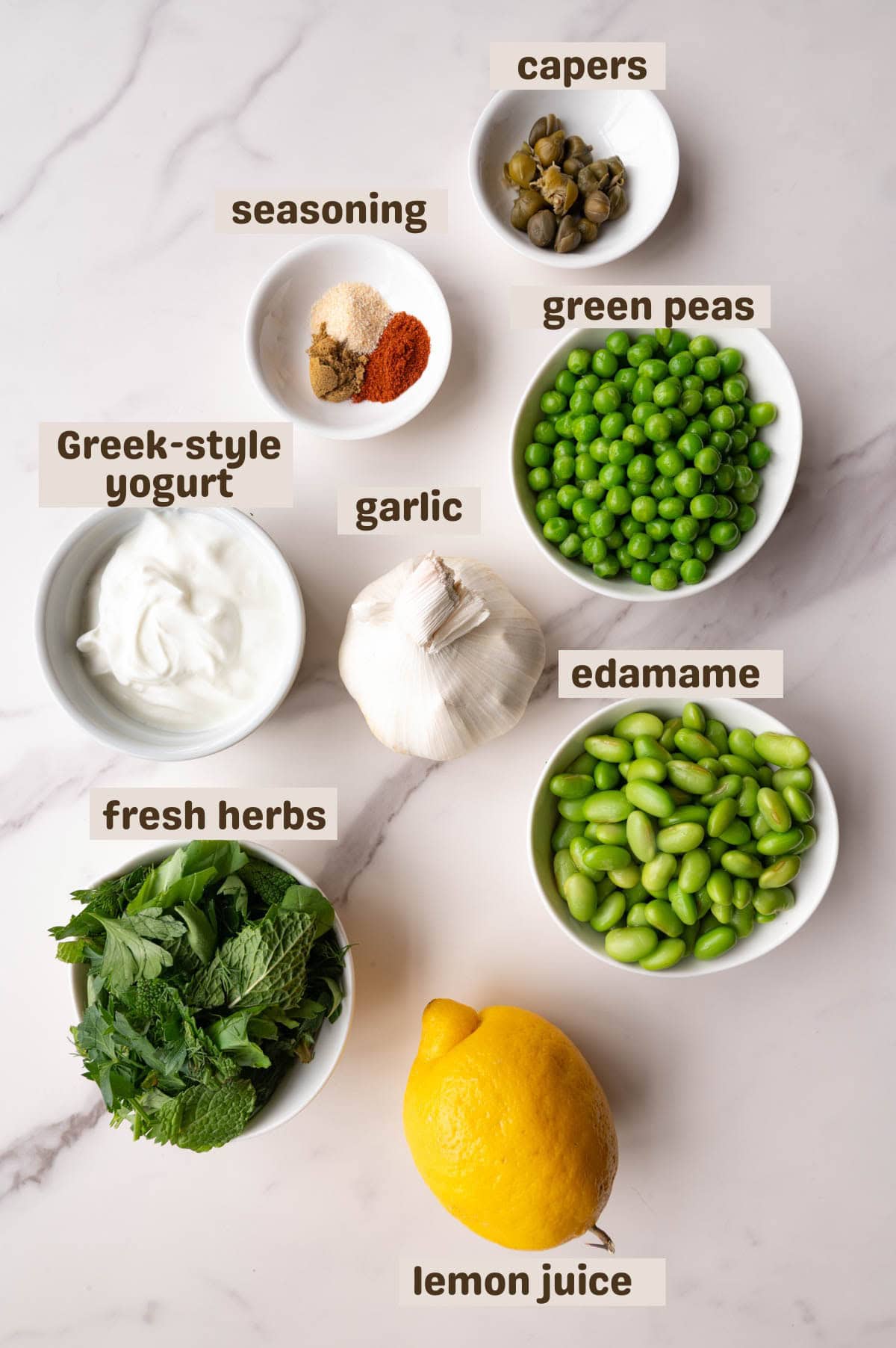Green peas, edamame, fresh herbs, lemon, garlic, Greek-style yogurt, and seasoning.