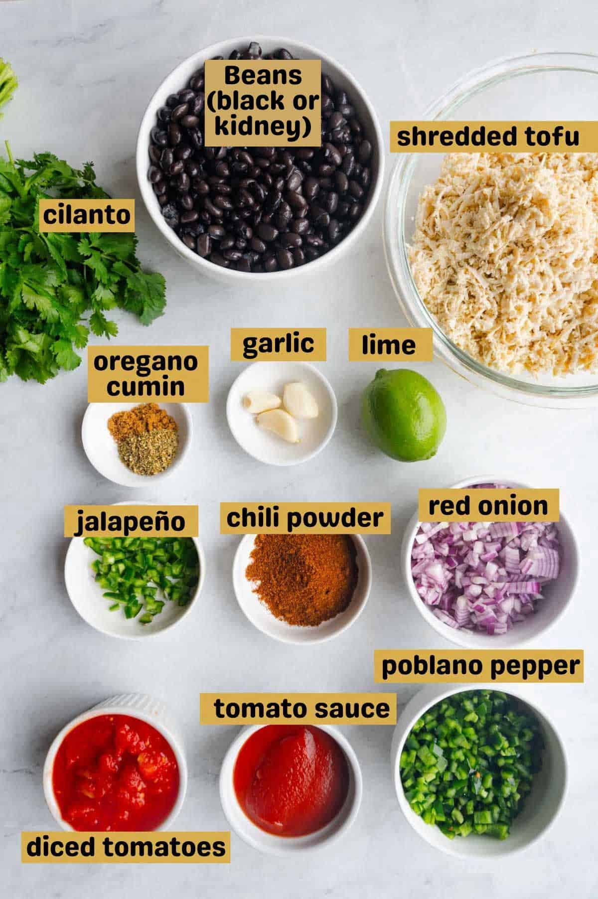Cilantro, black beans, tomato sauce, diced tomatoes, chopped poblano, chopped jalapeño, chili powder, cumin, oregano, lime, garlic, red onion, and shredded tofu.