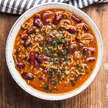 Vegan tofu chili in a white bowl.