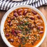 High-Protein Vegan Chili in a white bowl.