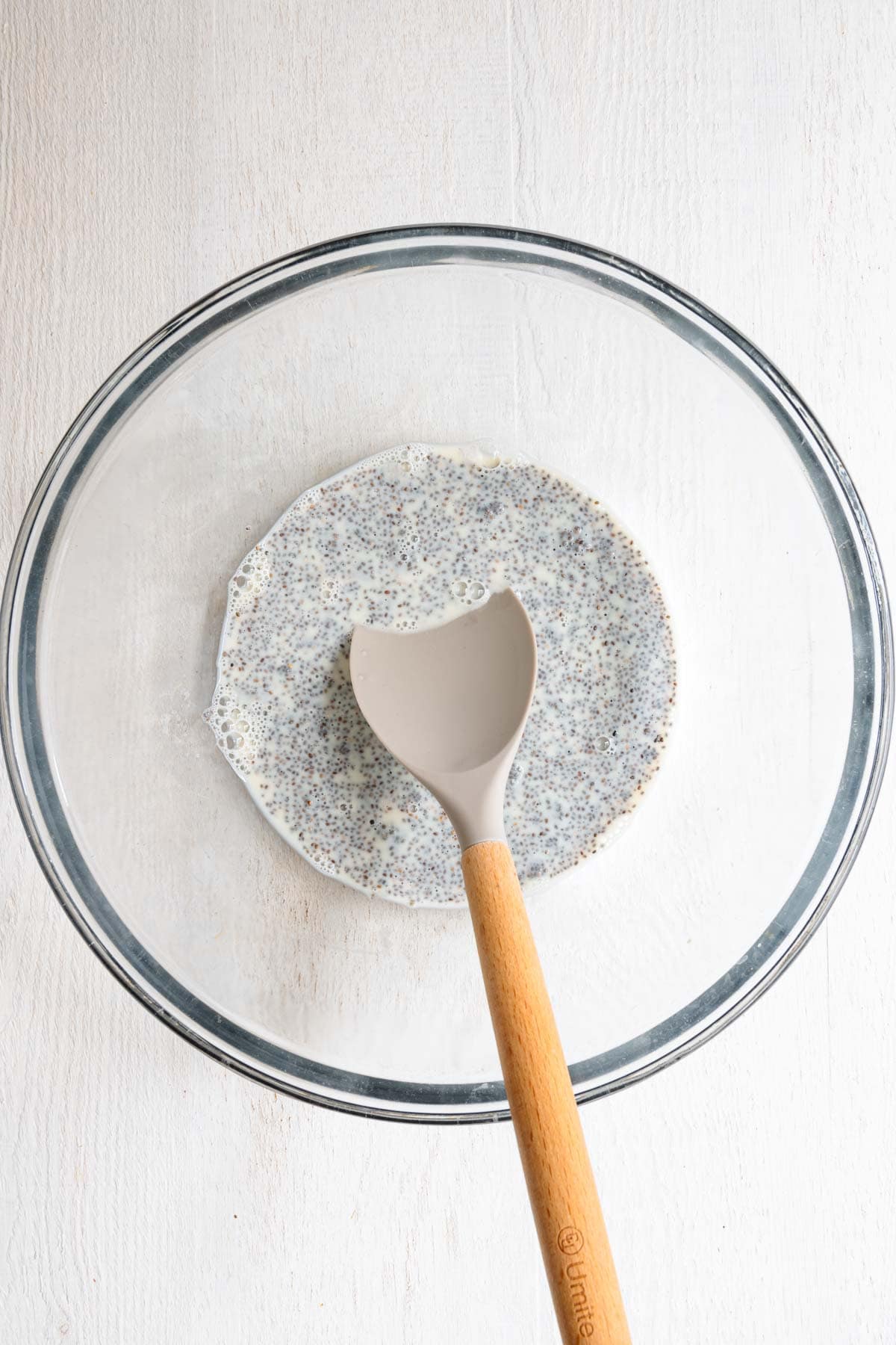 Chia seeds soaking in nondairy milk.