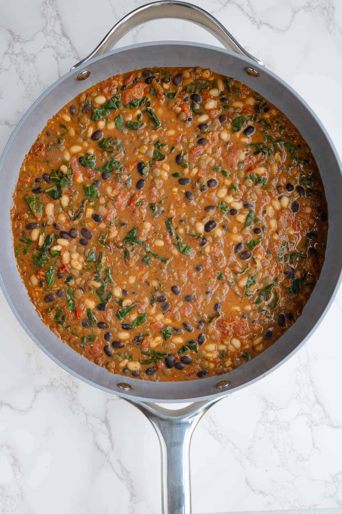Cooked beans, lentils, and kale in a tomato broth with spices.