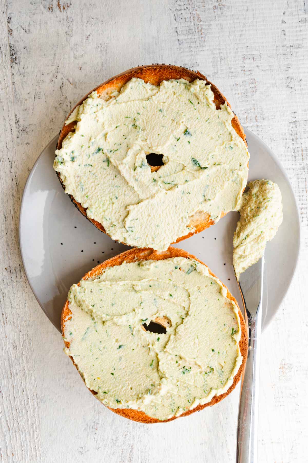 Dairy-free cream cheese on a bagel.