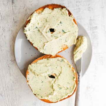 High-protein vegan cream cheese on a bagel.
