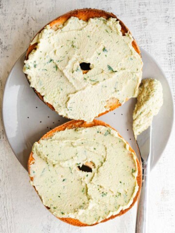High-protein vegan cream cheese on a bagel.
