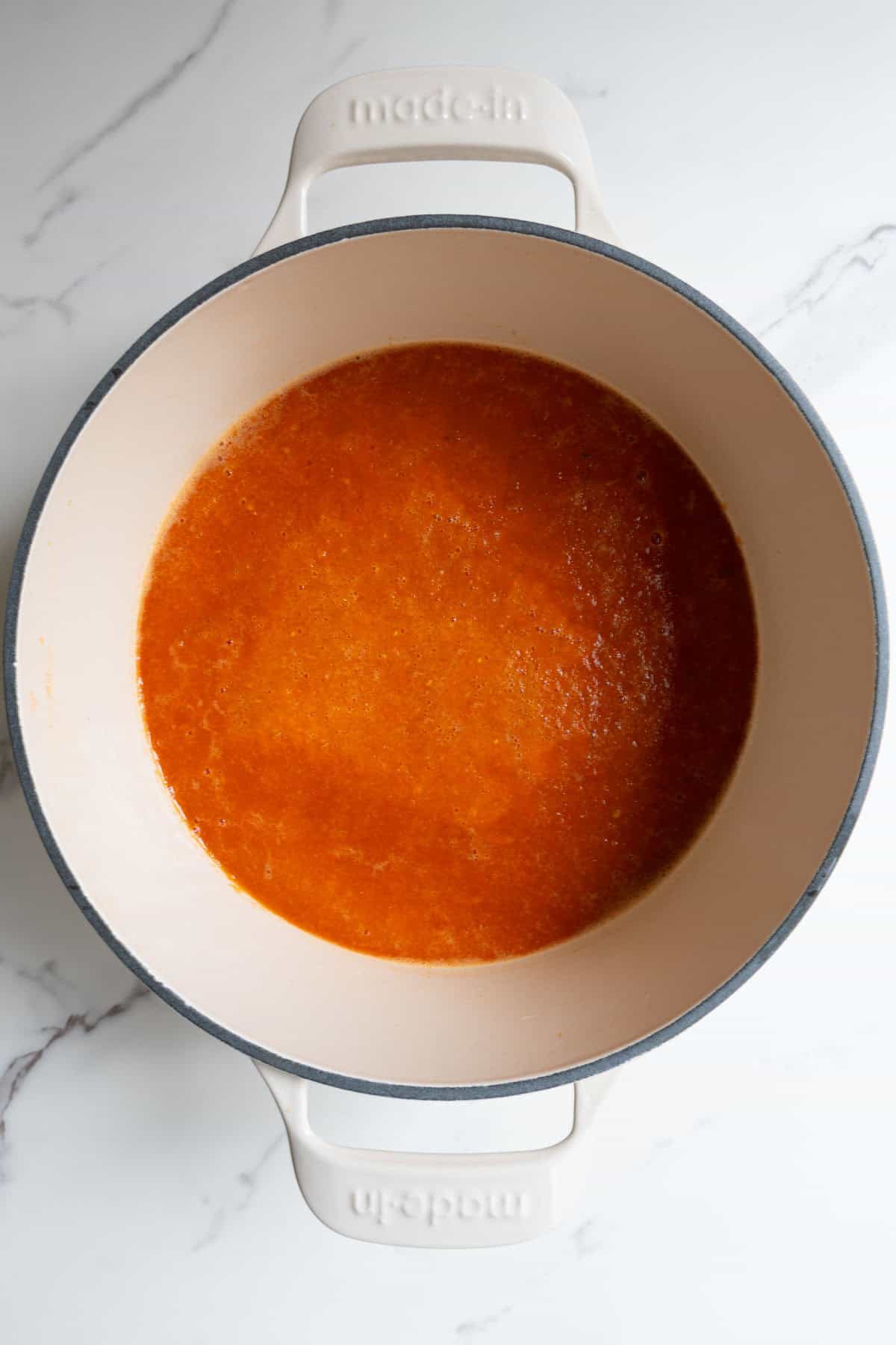 Blended cooked veggies in a large saucepan.