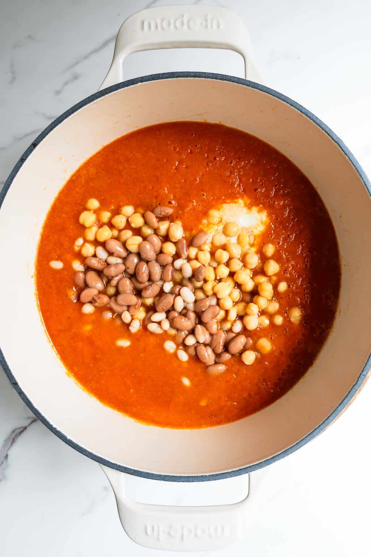 Blended high-protein vegan soup with beans and tofu cream.