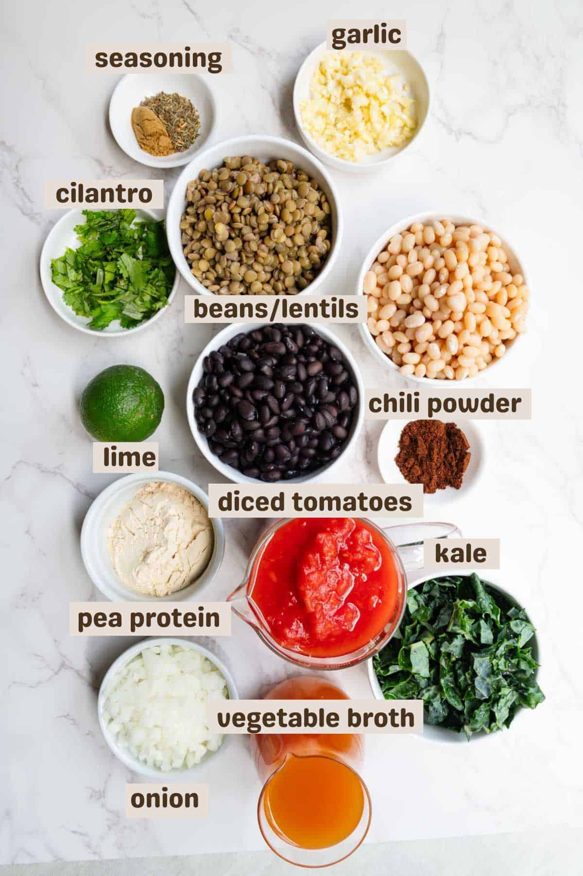 Beans, lentils, garlic, seasoning, kale, vegetable broth, onion, pea protein, diced tomatoes, lime, chili powder, and cilantro.