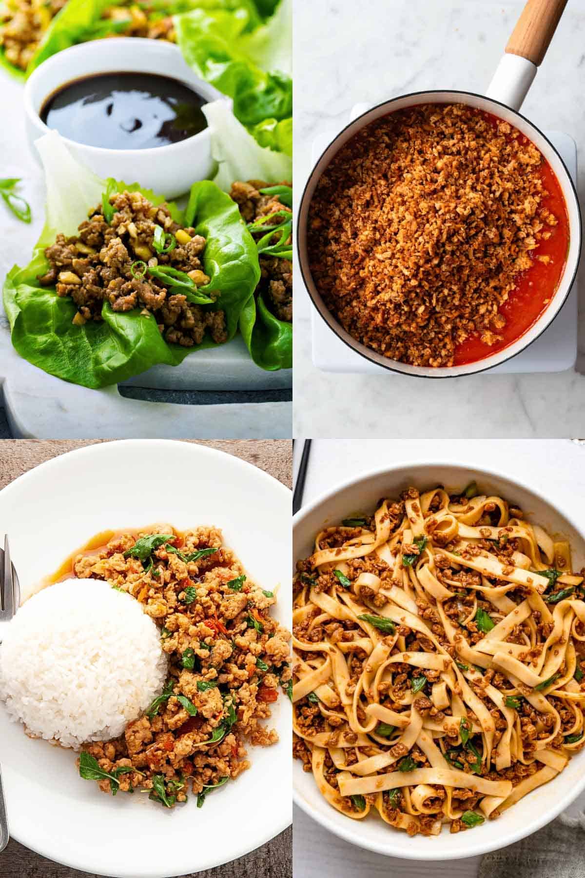 Tofu crumbles in lettuce wraps, on marinara sauce, mixed with noodles, and served with rice.