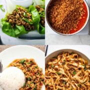 Tofu crumbles in lettuce wraps, on marinara sauce, mixed with noodles, and served with rice.