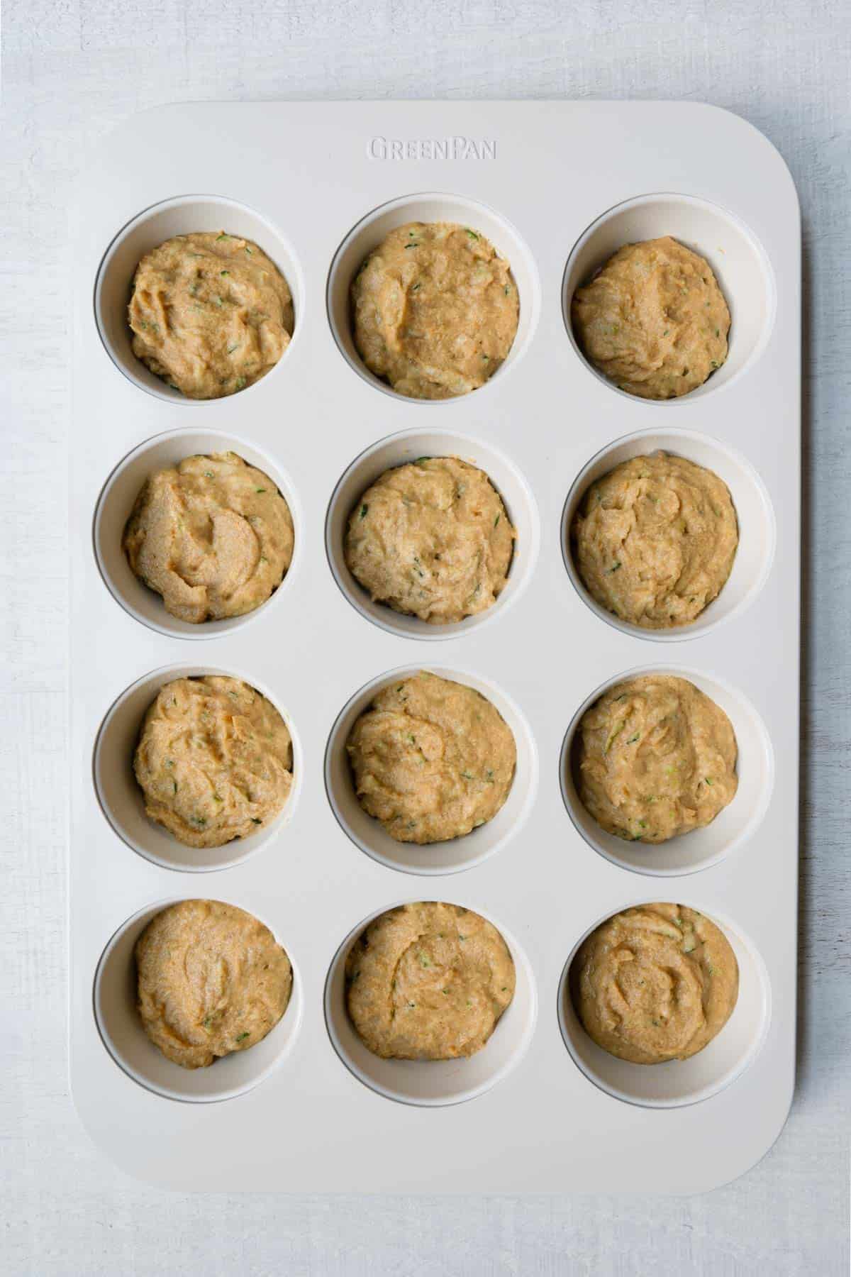 Batter for 12 protein zucchini muffins in the pan.