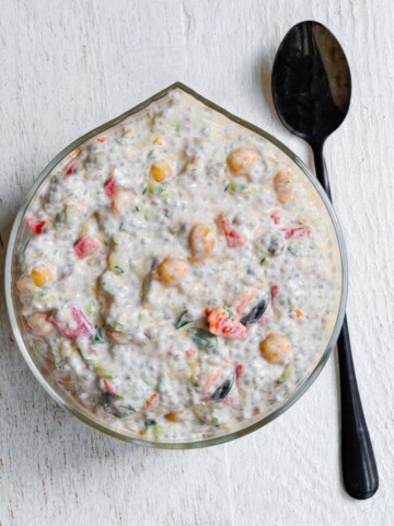 Mediterranean breakfast chia pudding with yogurt in a glass bowl.
