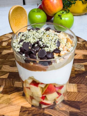 High-Protein Yogurt Parfait with Apple in a glass container.