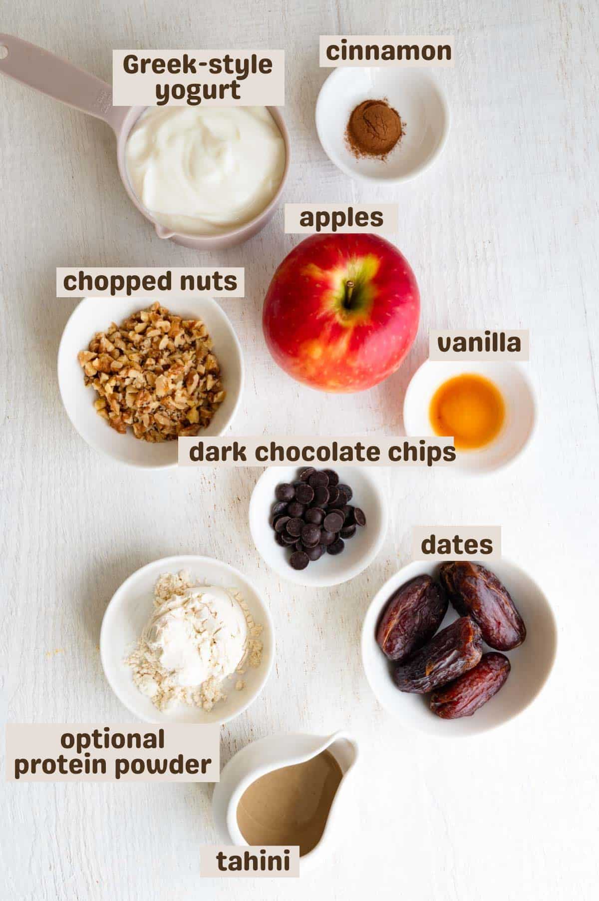 Greek-style yogurt, cinnamon, vanilla, apples, chopped nuts, tahini, and dark chocolate chips.