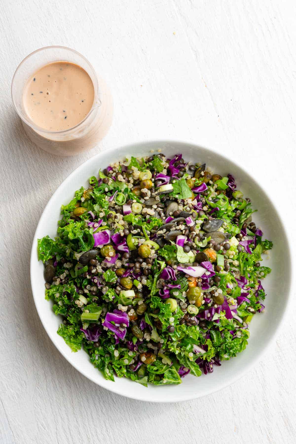 Lentils, roasted edamame, kale, red cabbage, pumpkin seeds, green onion, hemp hearts, and quinoa in a white bowl and tahini dressing.