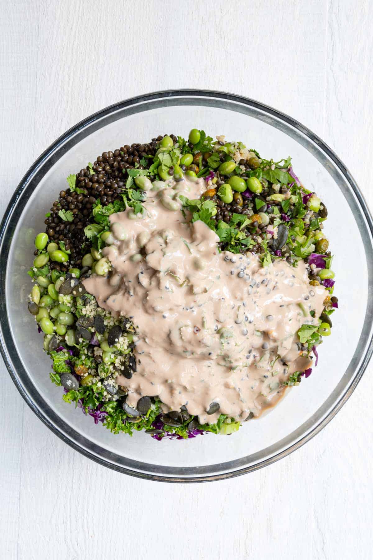 Lentils, roasted edamame, kale, red cabbage, pumpkin seeds, green onion, hemp hearts, quinoa, and tahini dressing in a large glass bowl.