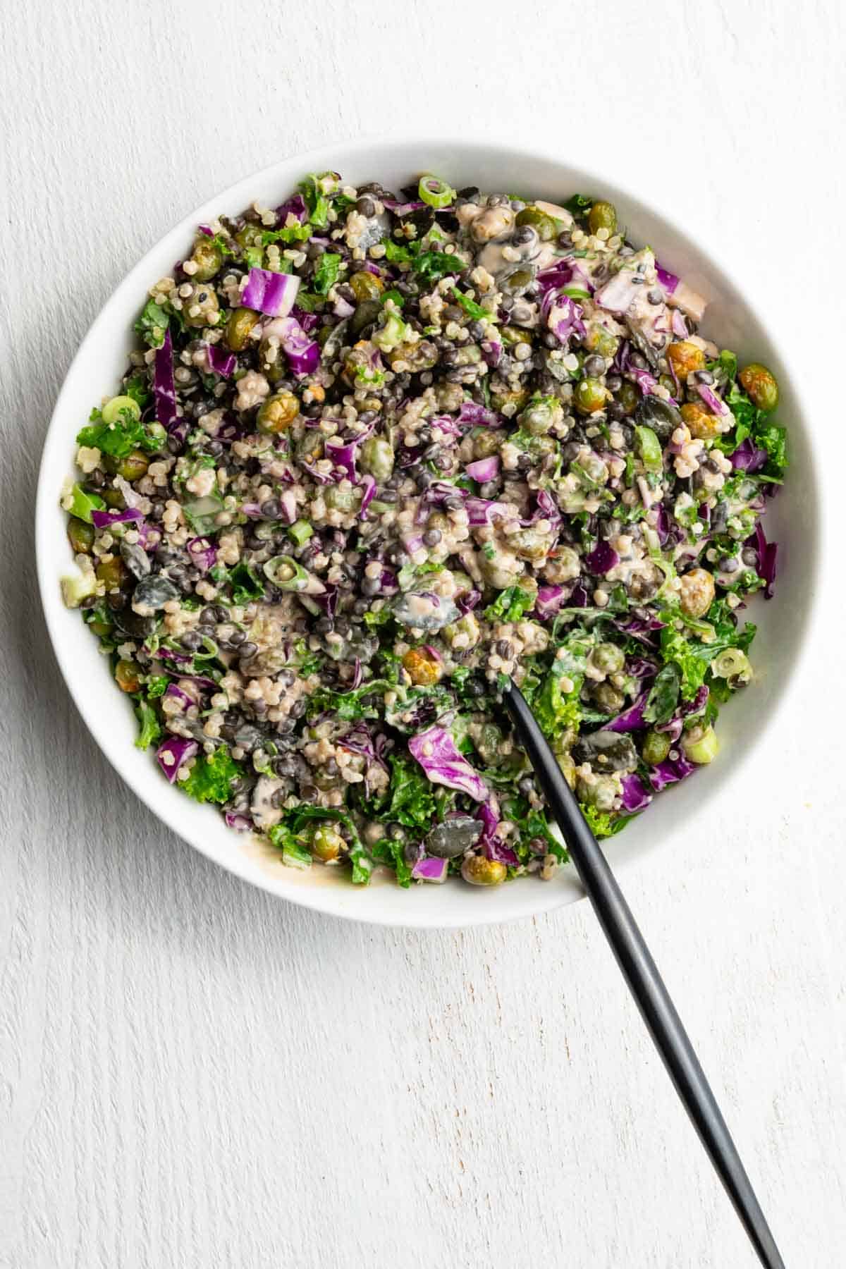 Protein Lentil quinoa salad in a white bowl with a black fork.