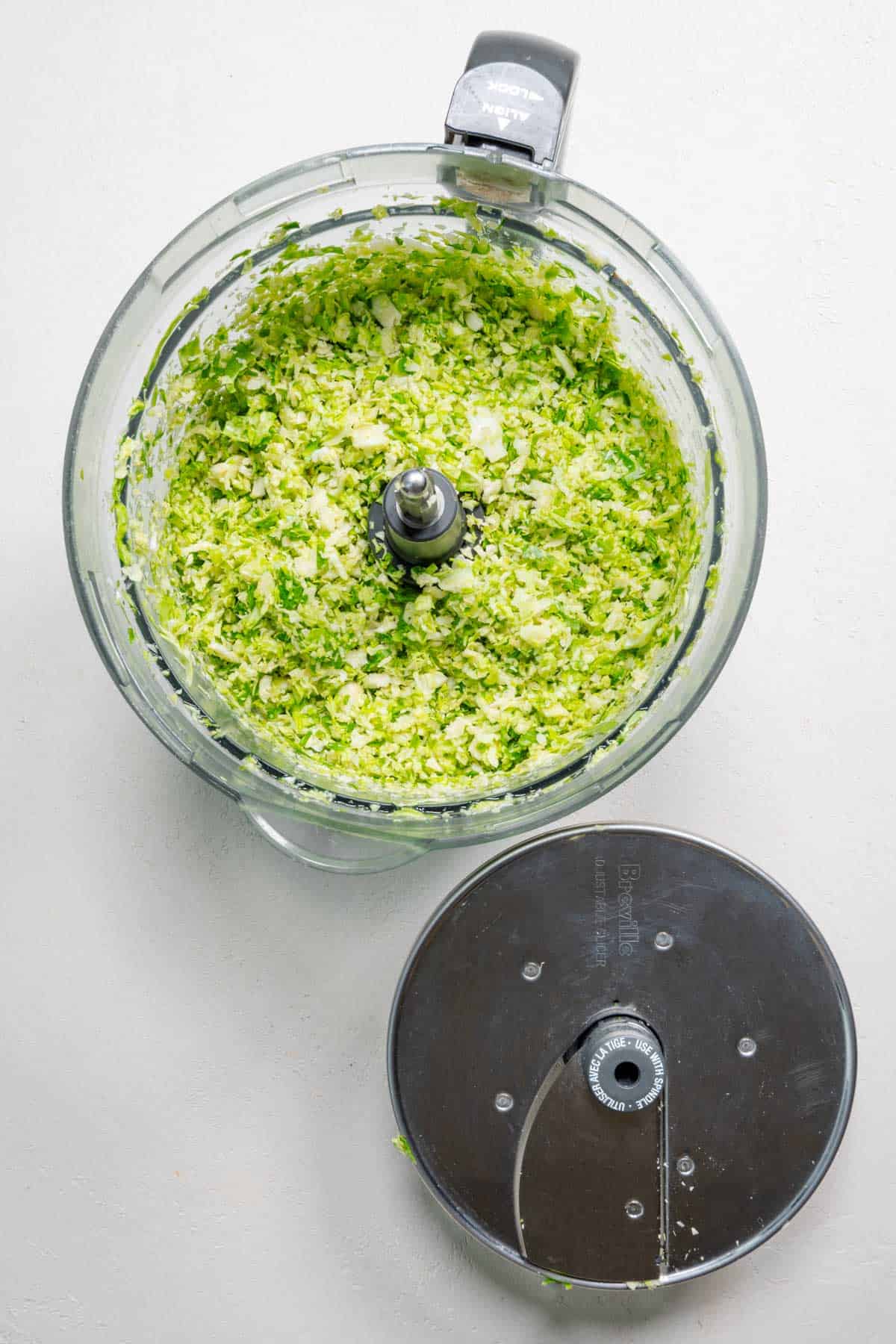 Shaved Brussels in a food processor.