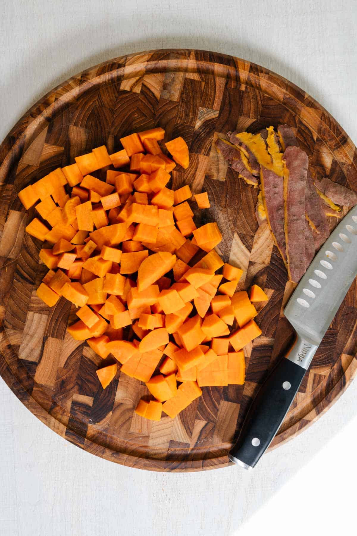 Peeled and cubed boiled sweet potato.