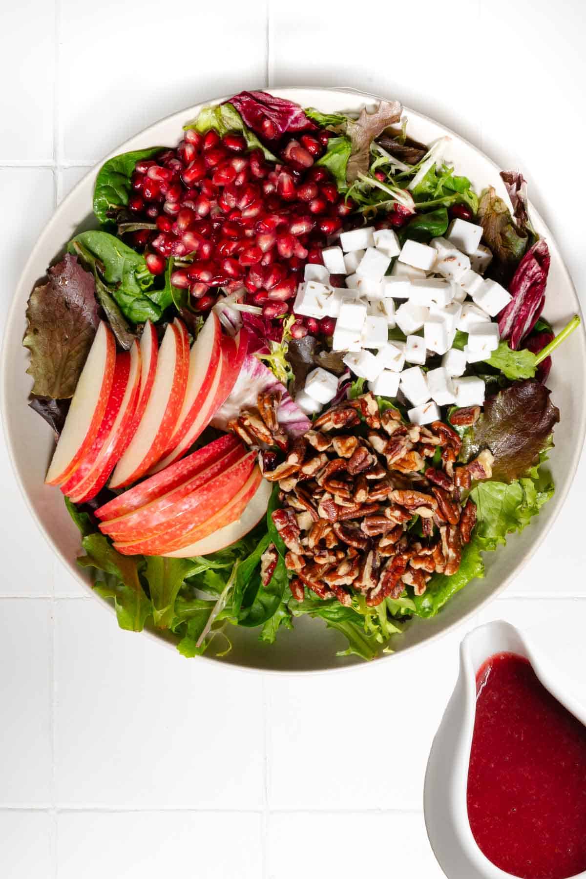Vegan feta, spring greens mix, sliced apple, cranberry balsamic dressing, and chopped pecans.
