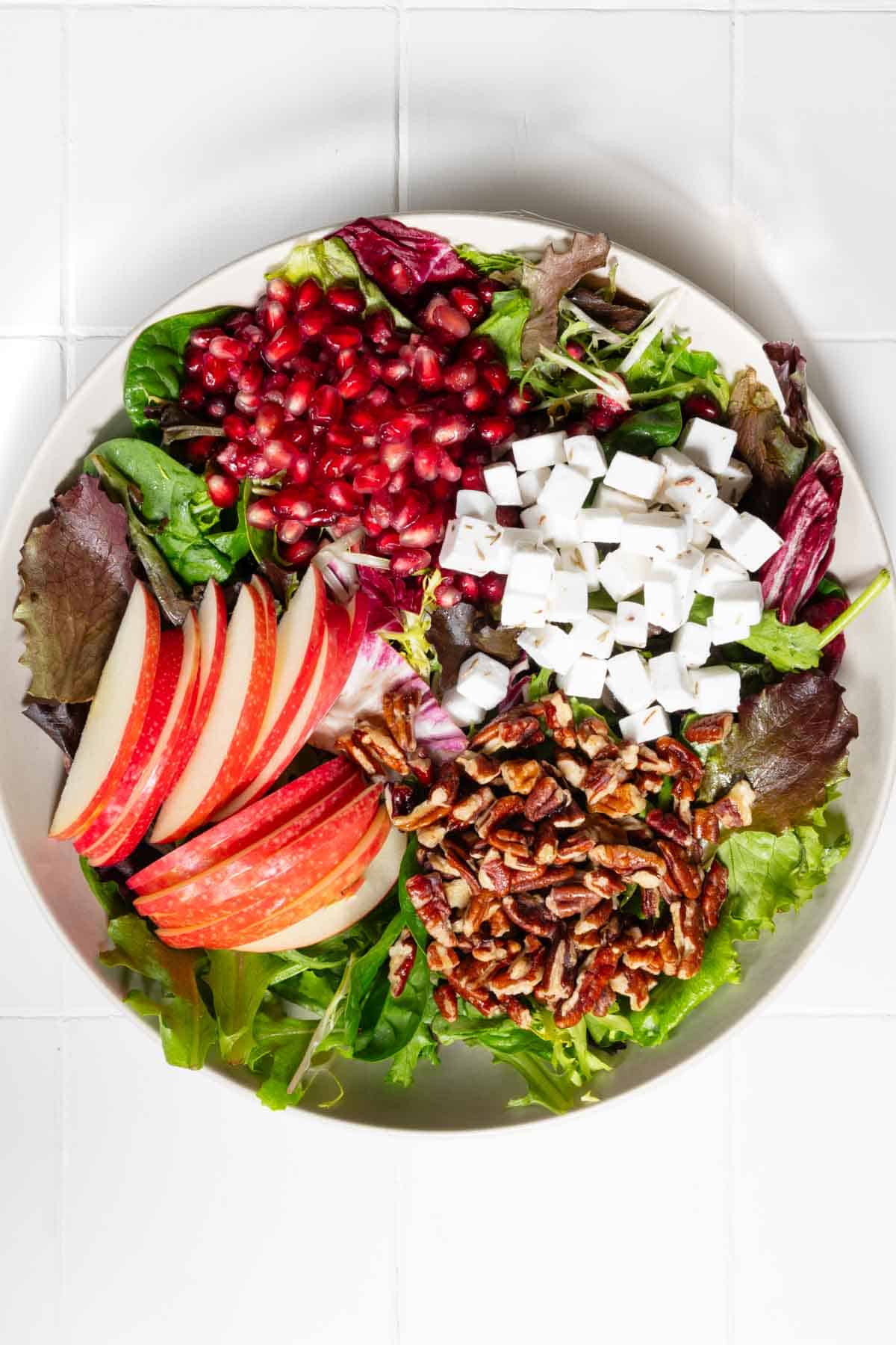 Vegan feta, spring greens mix, sliced apple, cranberry balsamic dressing, and chopped pecans.